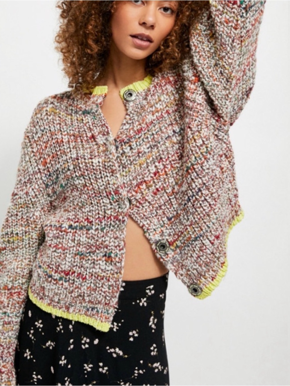 Free People Multicolor Knit Cardigan with Neon Yellow Trim